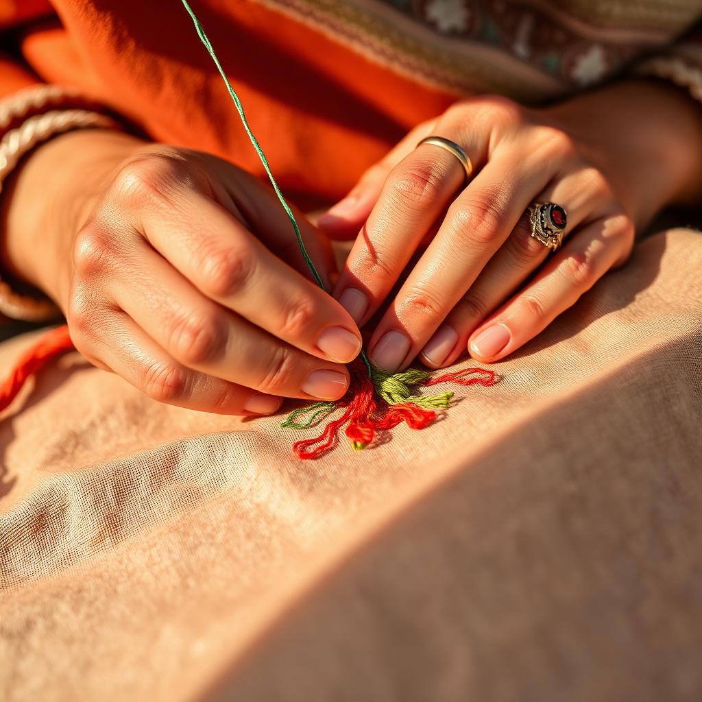 Mani al lavoro su un ricamo a colori